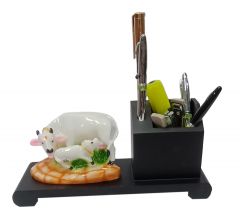 Paras Magic Wooden Pen Stand with resin cow  (9.5x4x4.5 inch)